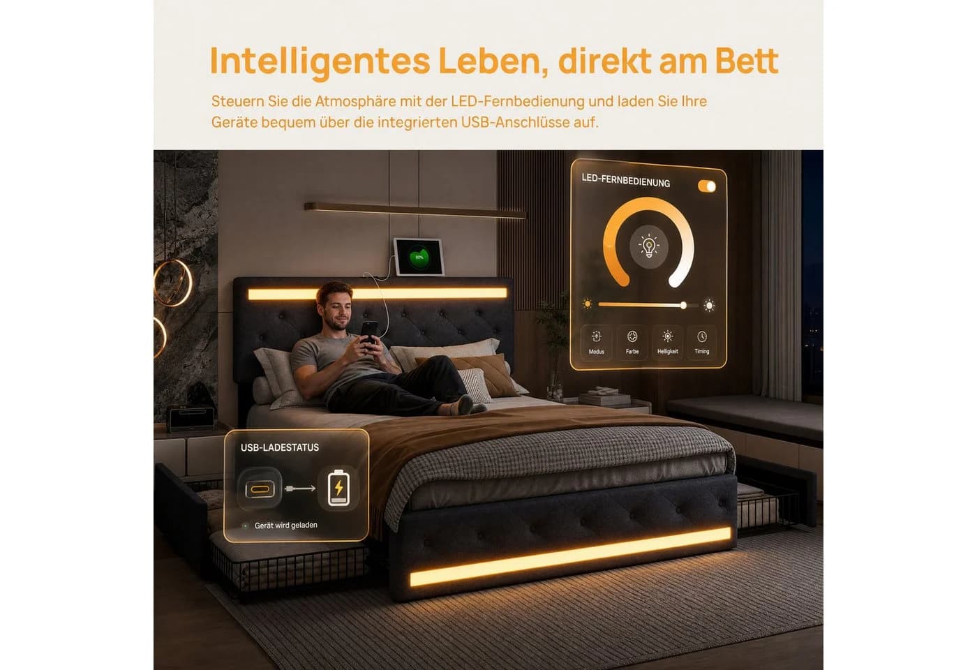 PXloue Polsterbett LED mit Stauraum und Schubladen Grau - Bild 4
