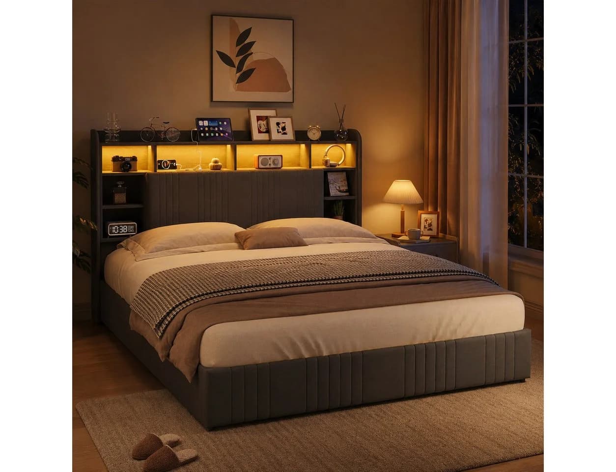 Simurq Polsterbett 160x200 grau mit LED, USB & 4 Schubladen - Bild 2