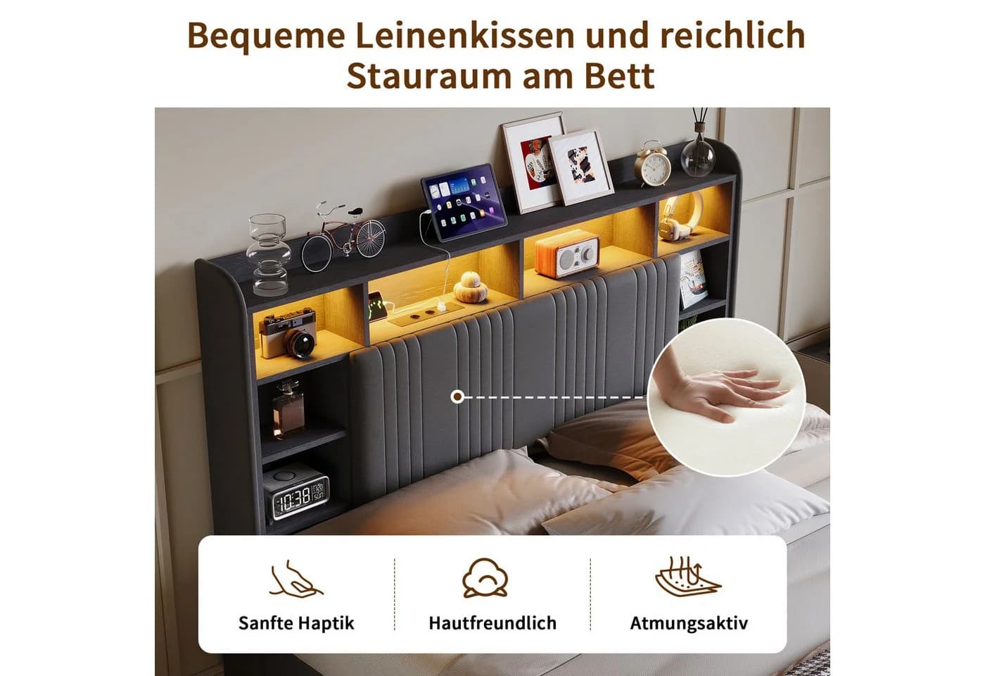 Simurq Polsterbett 160x200 grau mit LED, USB & 4 Schubladen - Bild 4