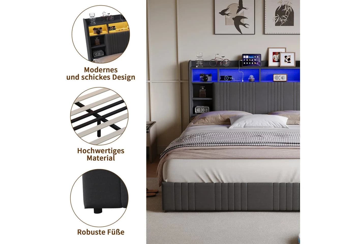 Simurq Polsterbett 160x200 grau mit LED, USB & 4 Schubladen - Bild 5