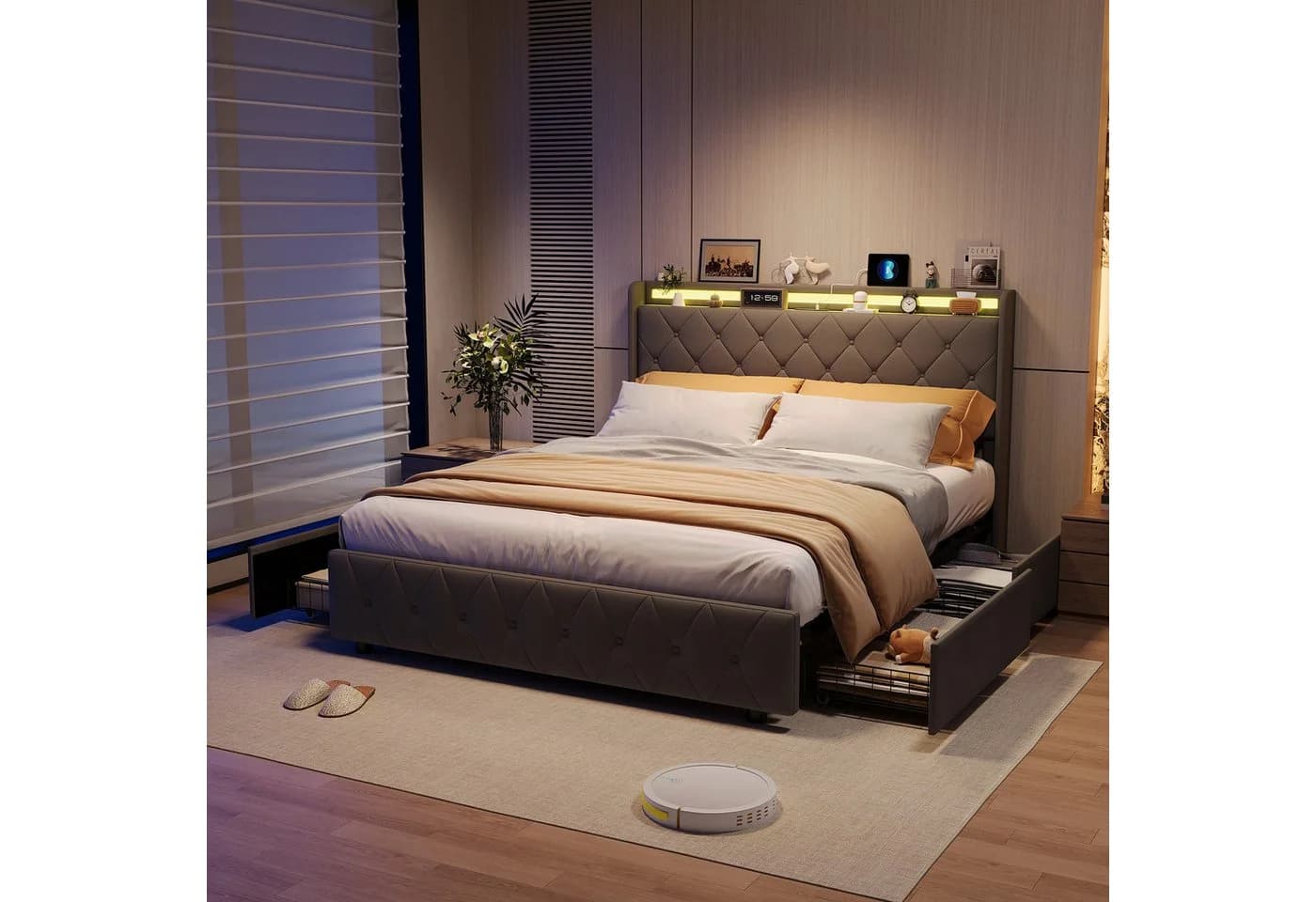 Simurq Polsterbett Grau mit LED, USB & 4 Schubladen