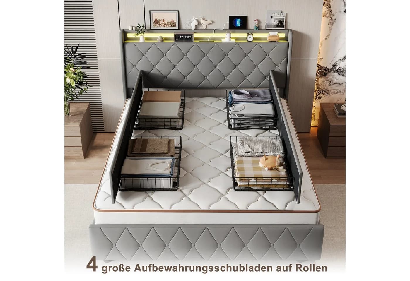 Simurq Polsterbett Grau mit LED, USB & 4 Schubladen - Bild 3
