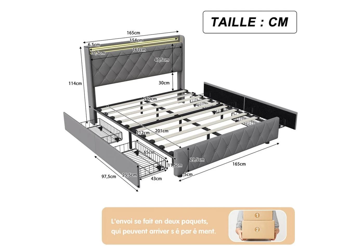 Simurq Polsterbett Grau mit LED, USB & 4 Schubladen - Bild 5