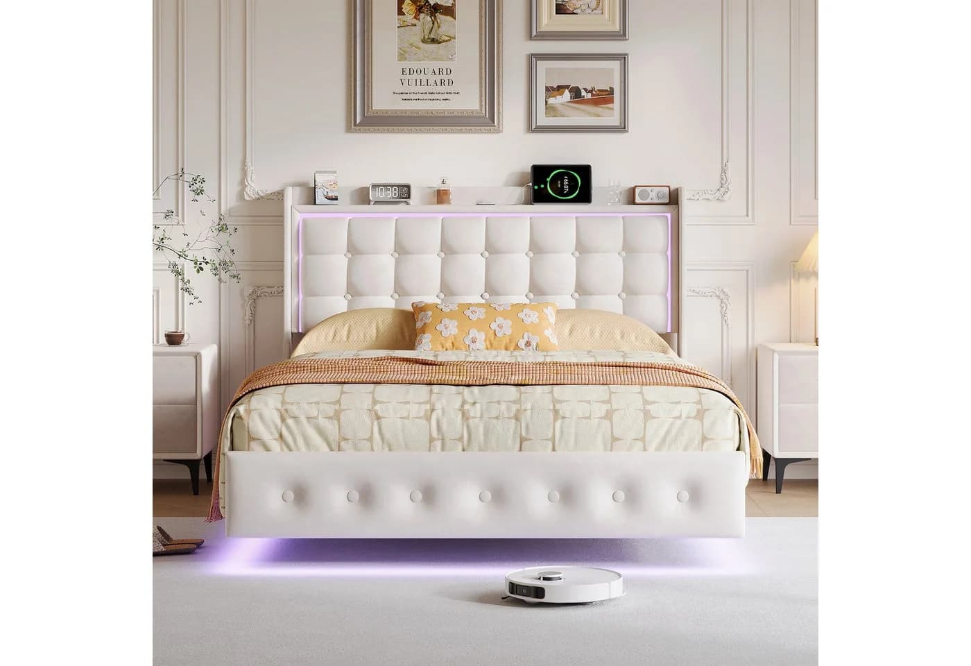 Simurq Polsterbett mit LED-Beleuchtung und Stauraum Beige Samt