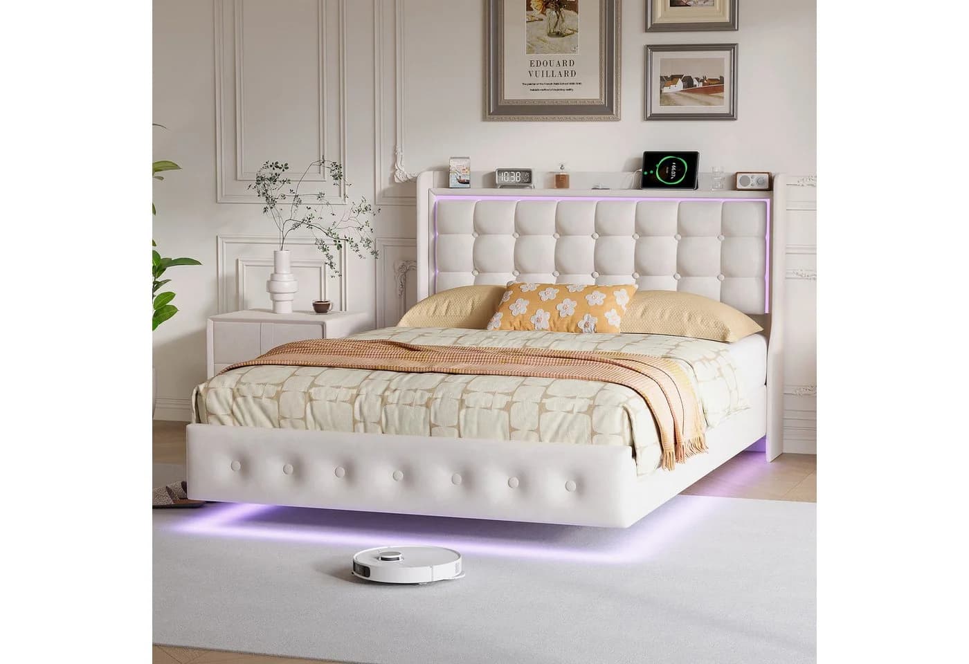Simurq Polsterbett mit LED-Beleuchtung und Stauraum Beige Samt - Bild 3