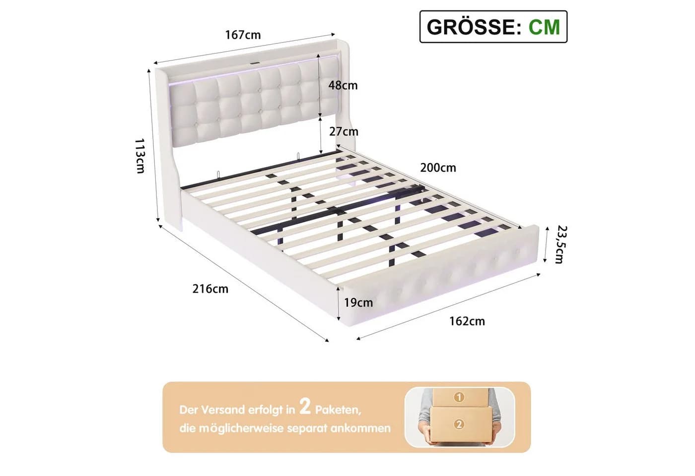 Simurq Polsterbett mit LED-Beleuchtung und Stauraum Beige Samt - Bild 5