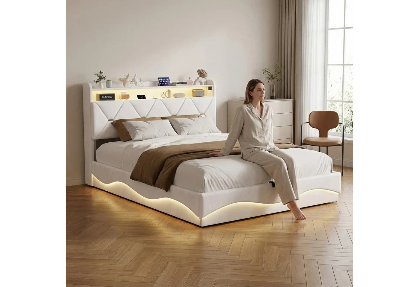 Simurq Polsterbett 160x200 cm Beige mit LED und Stauraum