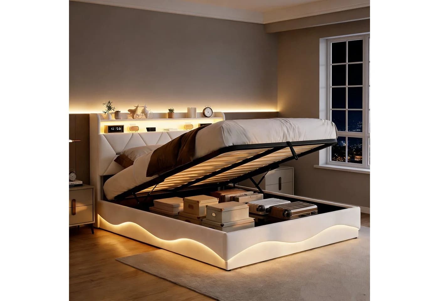 Simurq Polsterbett 160x200 cm Beige mit LED und Stauraum - Bild 2