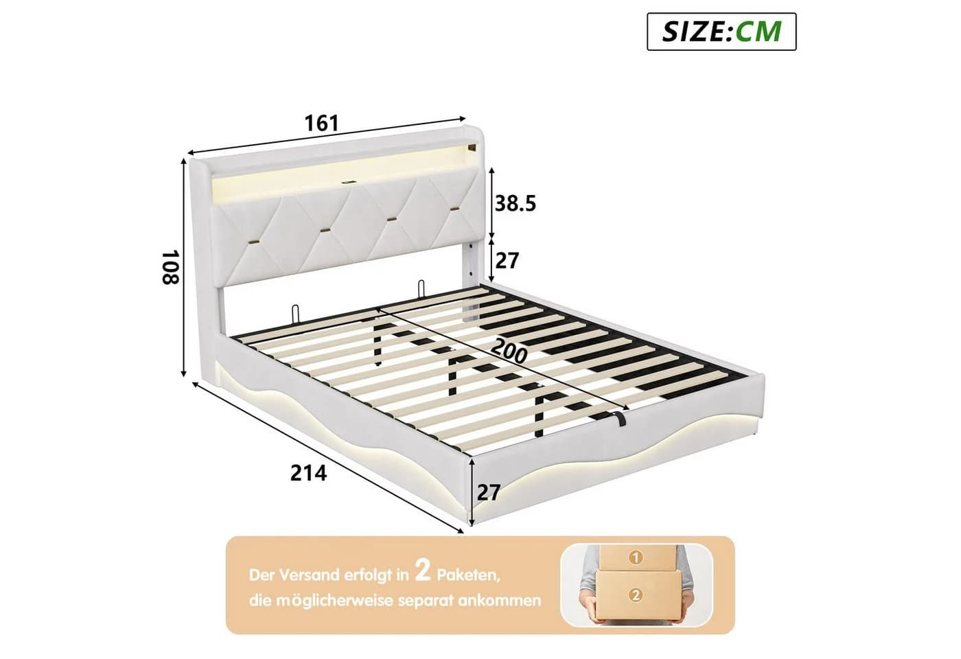 Simurq Polsterbett 160x200 cm Beige mit LED und Stauraum - Bild 5