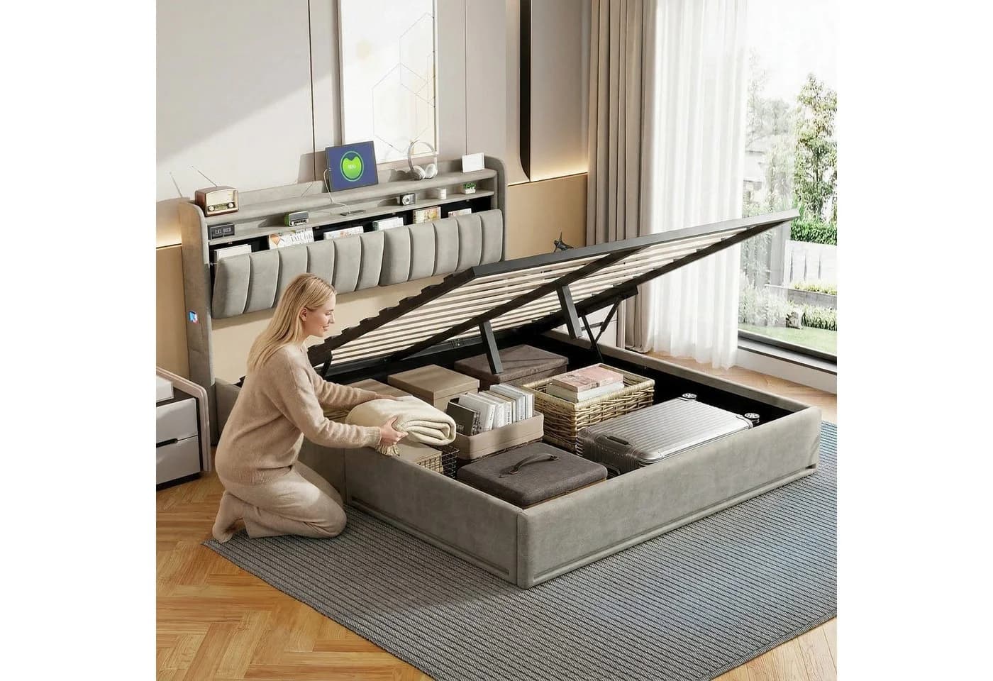 Gdood Polsterbett mit LED, USB & Stauraum Grau - Bild 3