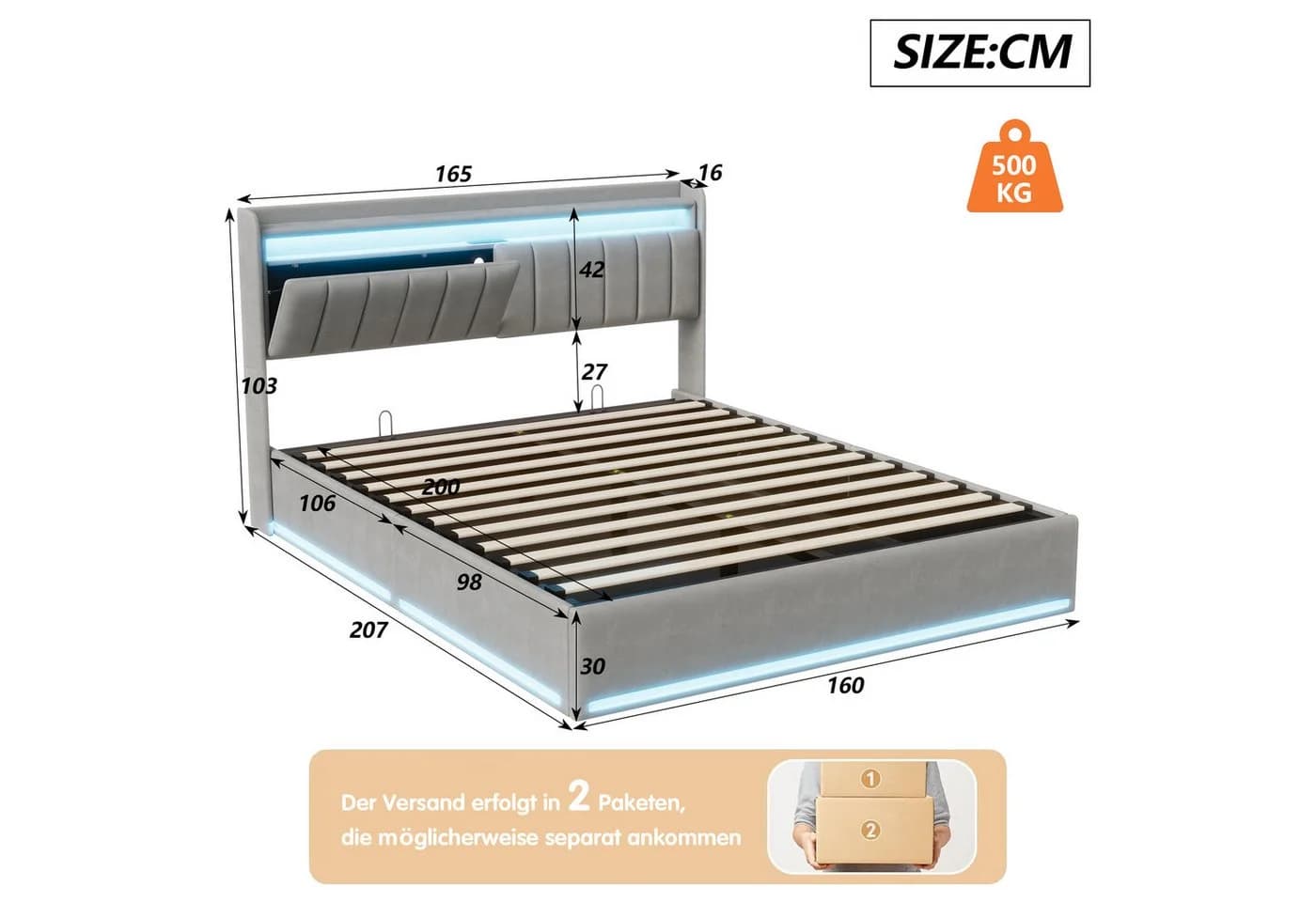 Gdood Polsterbett mit LED, USB & Stauraum Grau - Bild 5