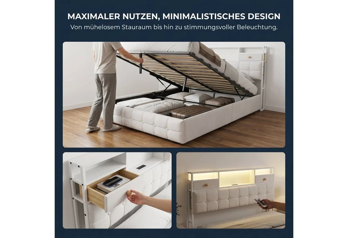 PXloue Polsterbett LED hydraulisches Doppelbett Stauraumbett Cremeweiß - Bild 5