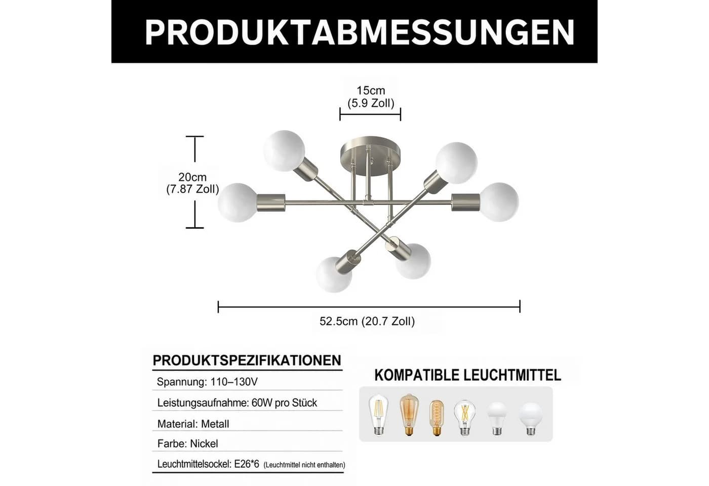 LOHAS-LED Deckenleuchte 6-flammig Sandnickel Metall E27