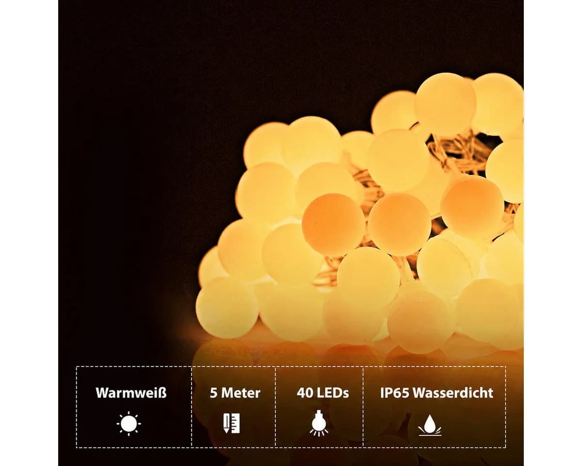 LOHAS-LED LED-Lichterkette 5m 40 Leuchten Warmweiß IP65 wasserfest - Bild 4