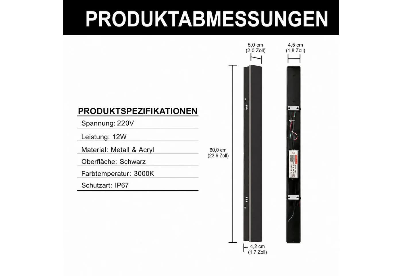 LOHAS-LED Außen-Wandleuchte 60 cm Schwarz IP67 LED Warmweiß