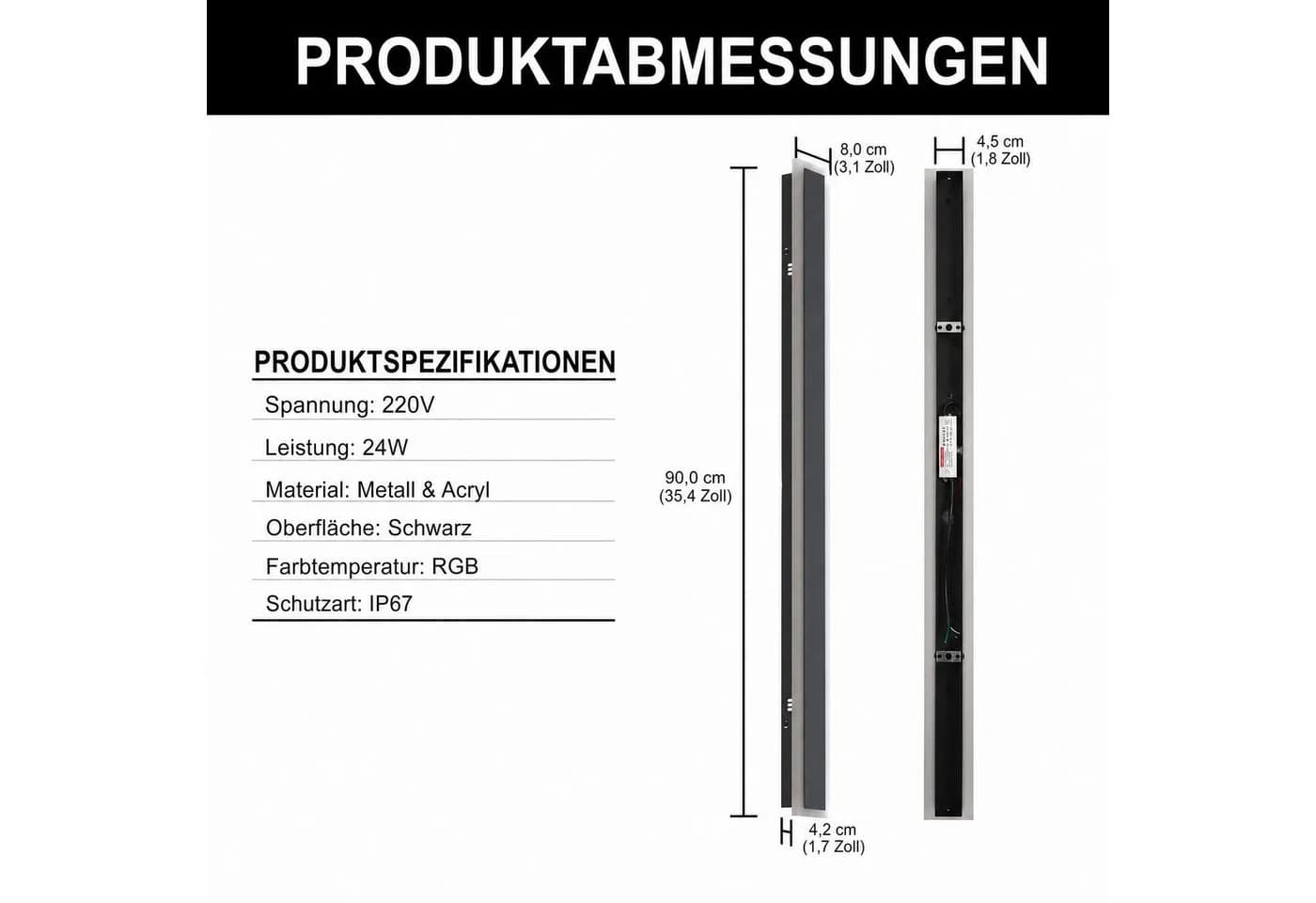 LOHAS-LED Außen-Wandleuchte 90cm Metall Acryl RGBCW Fernbedienung