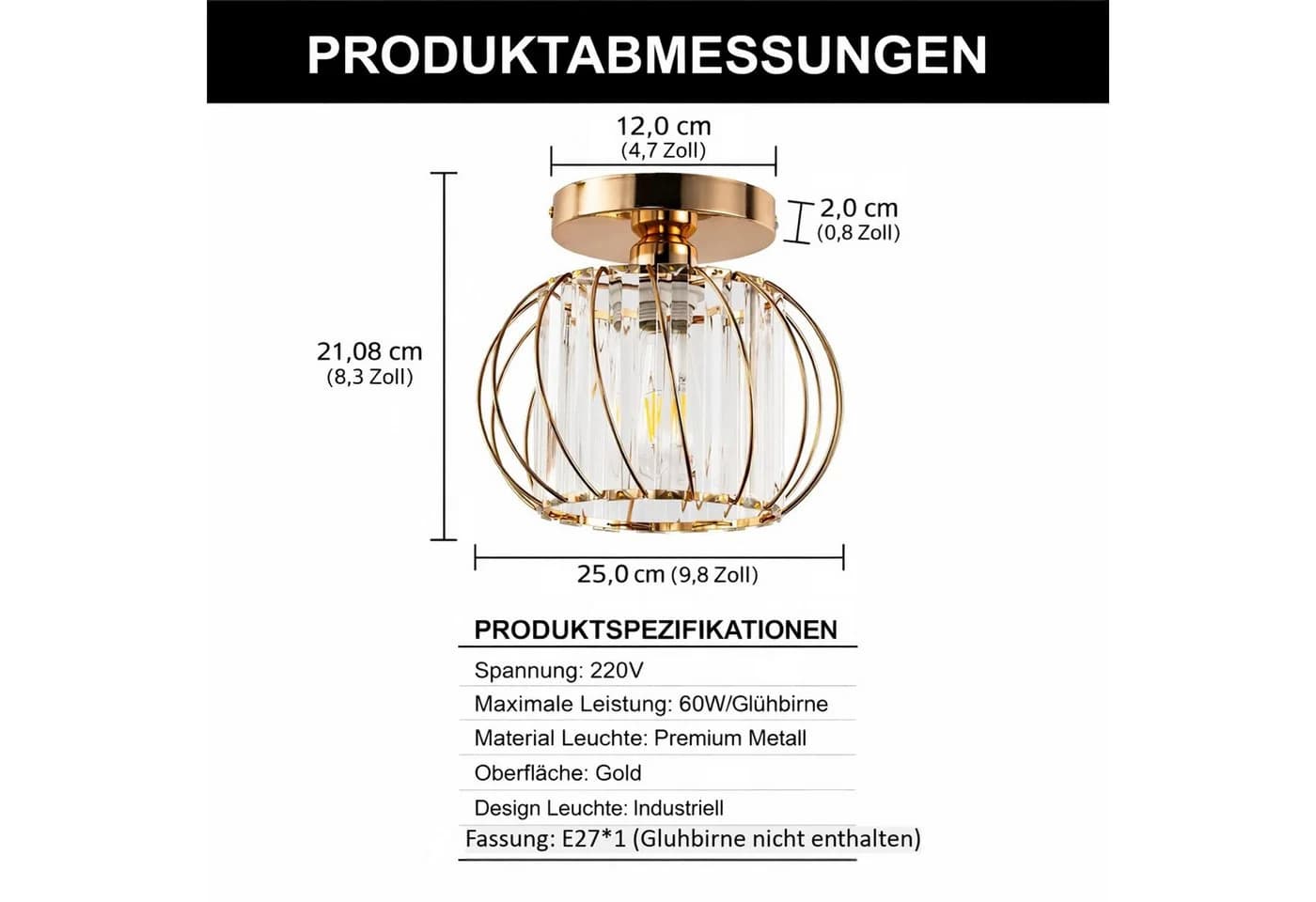 LOHAS-LED Deckenleuchte Kristall E27 Gold Schwarz