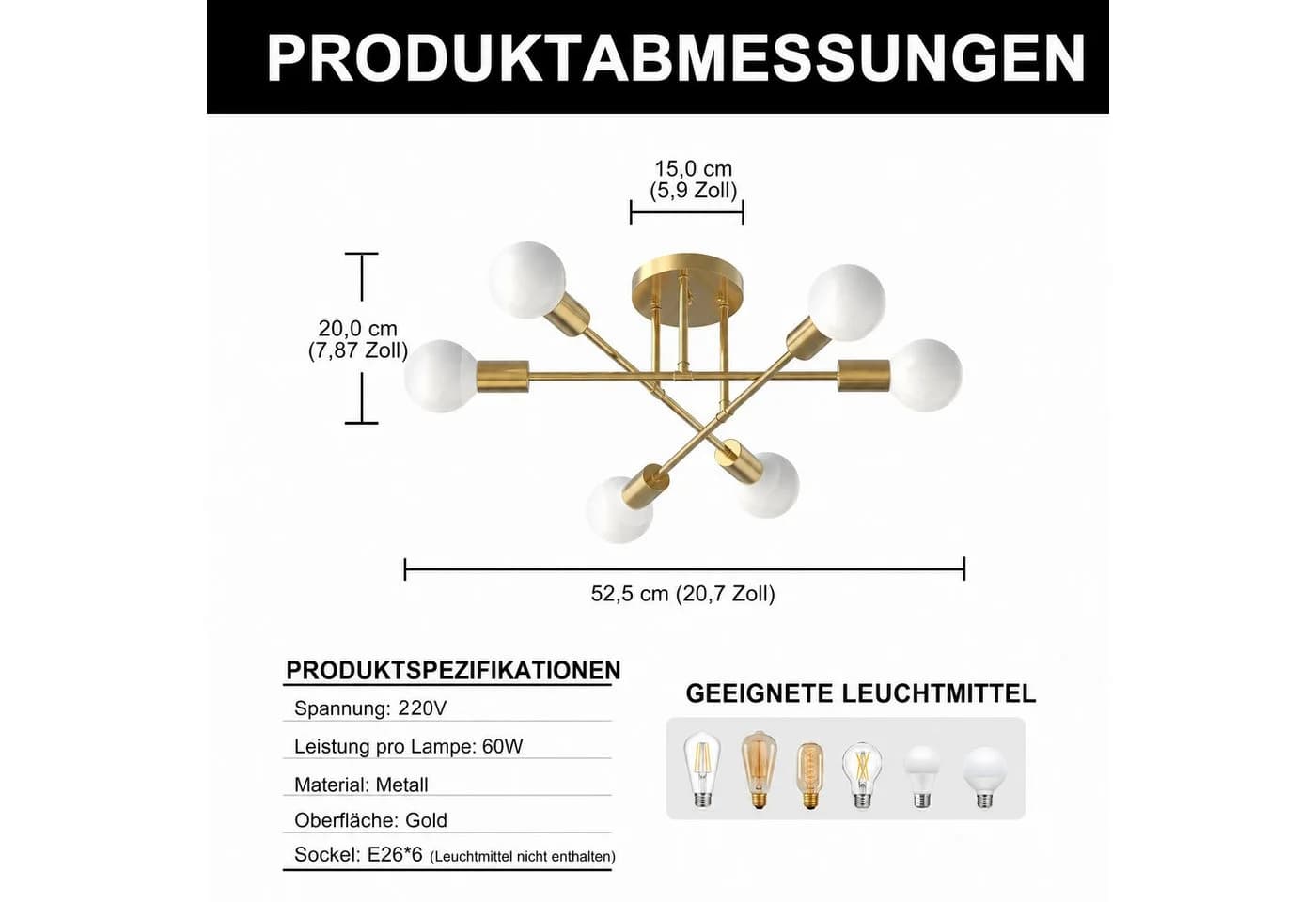 LOHAS-LED 6-flammige Deckenleuchte Metall Kupfer-Optik E27