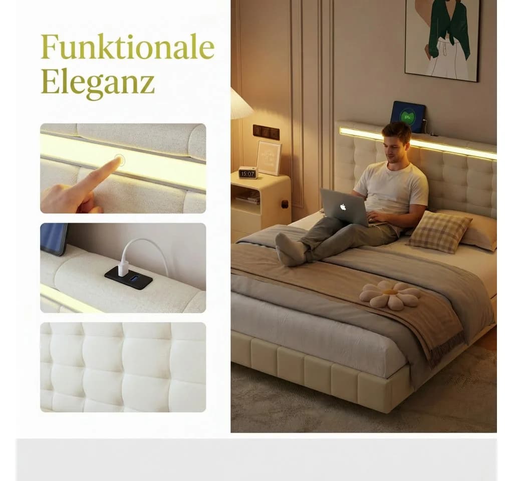 Simurq Polsterbett 160x200 Beige LED-Beleuchtung USB