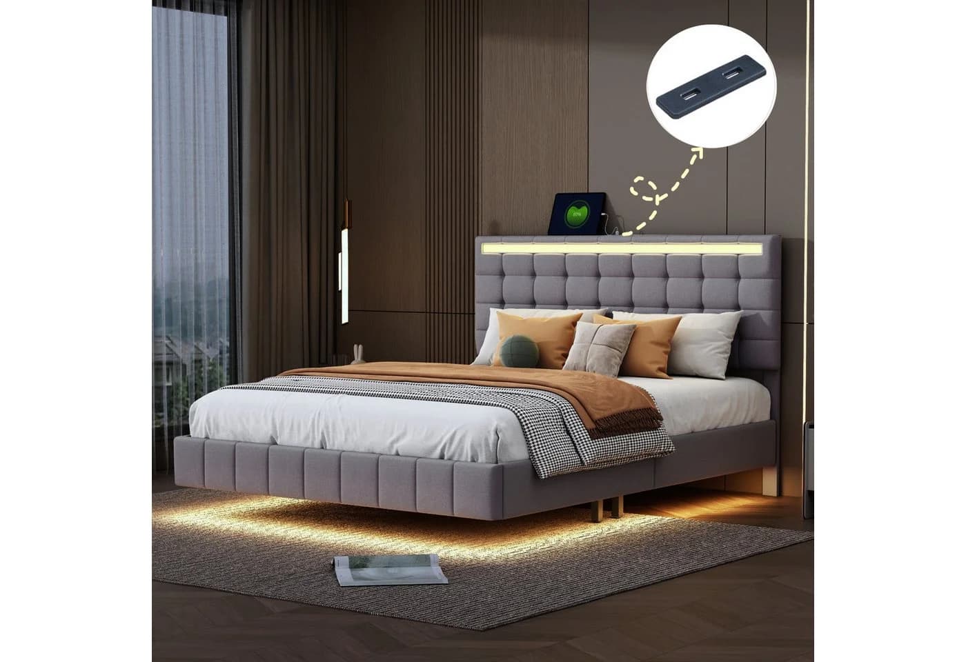 Simurq Polsterbett 160x200 mit LED-Beleuchtung und USB-Anschlüssen Beige/Grau - Bild 2