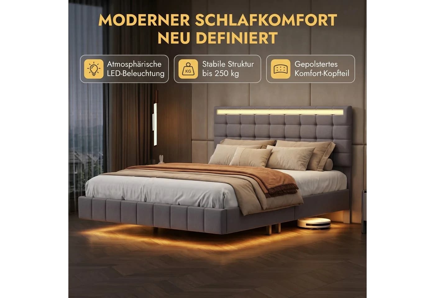 Simurq Polsterbett 160x200 mit LED-Beleuchtung und USB-Anschlüssen Beige/Grau - Bild 3