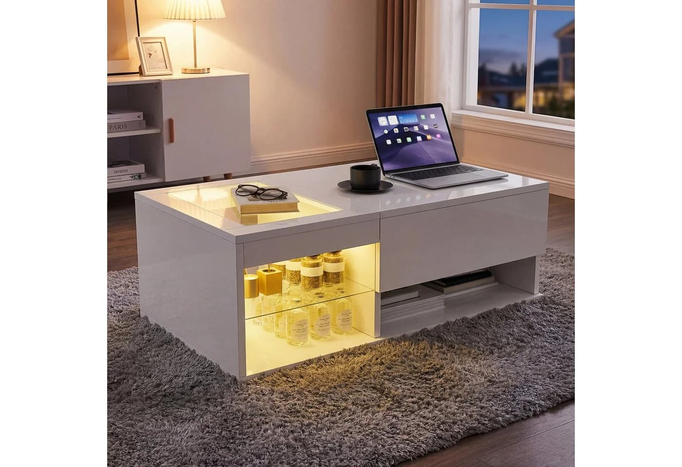 Furnishings Home Höhenverstellbarer LED Couchtisch Weiß mit Glastischplatte