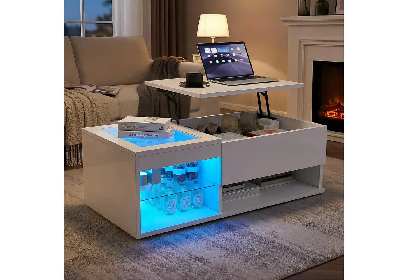 Furnishings Home Höhenverstellbarer LED Couchtisch Weiß mit Glastischplatte - Bild 2