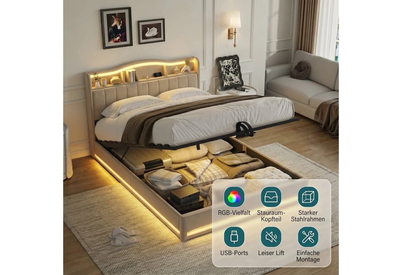 Furnishings Home Polsterbett mit LED, Bettkasten & Ladefunktion Beige