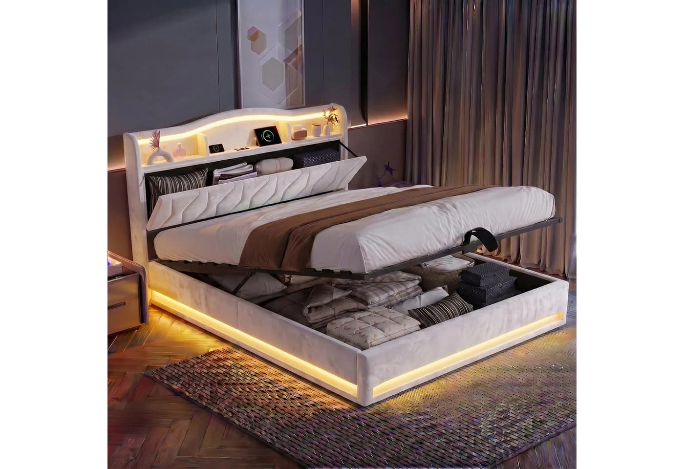 Furnishings Home Polsterbett mit LED, Bettkasten & Ladefunktion Beige - Bild 2
