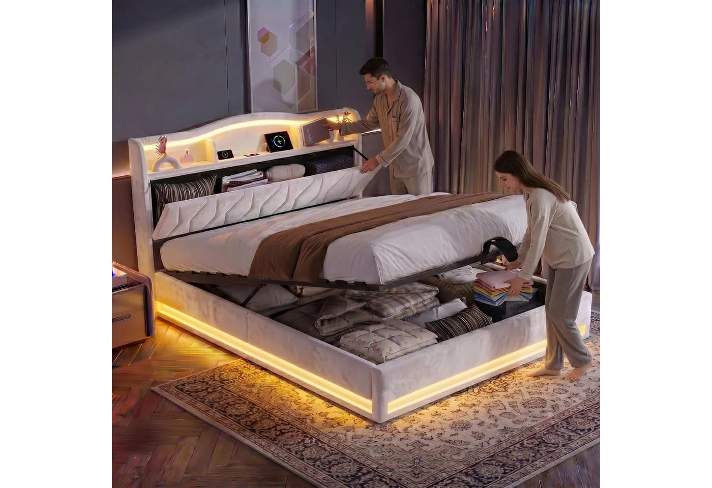 Furnishings Home Polsterbett mit LED, Bettkasten & Ladefunktion Beige - Bild 3