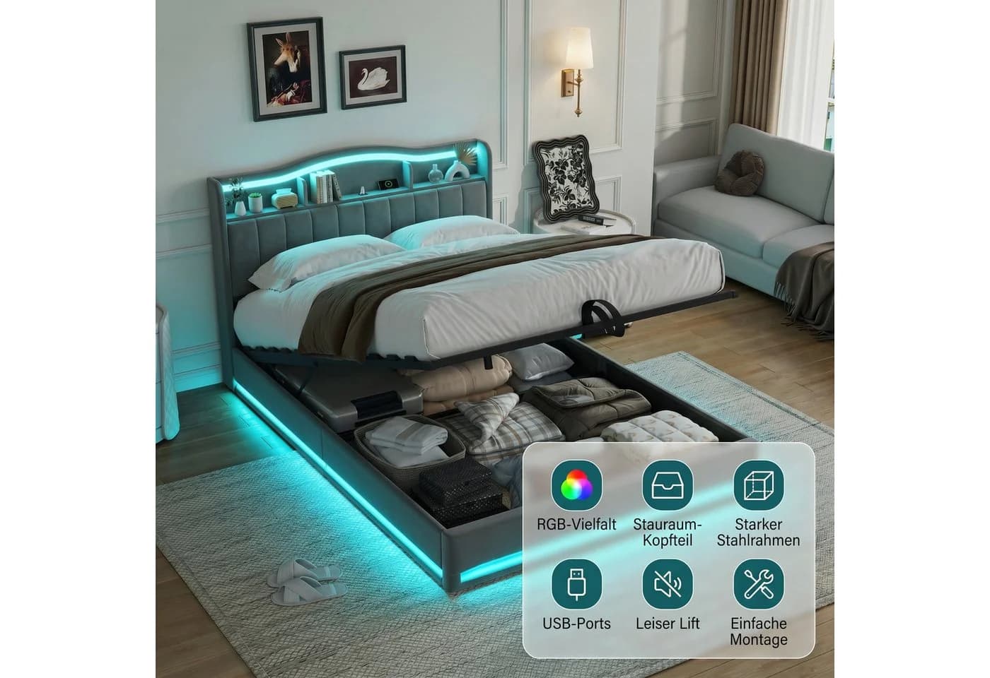 Furnishings Home Polsterbett Grau mit LED und Bettkasten