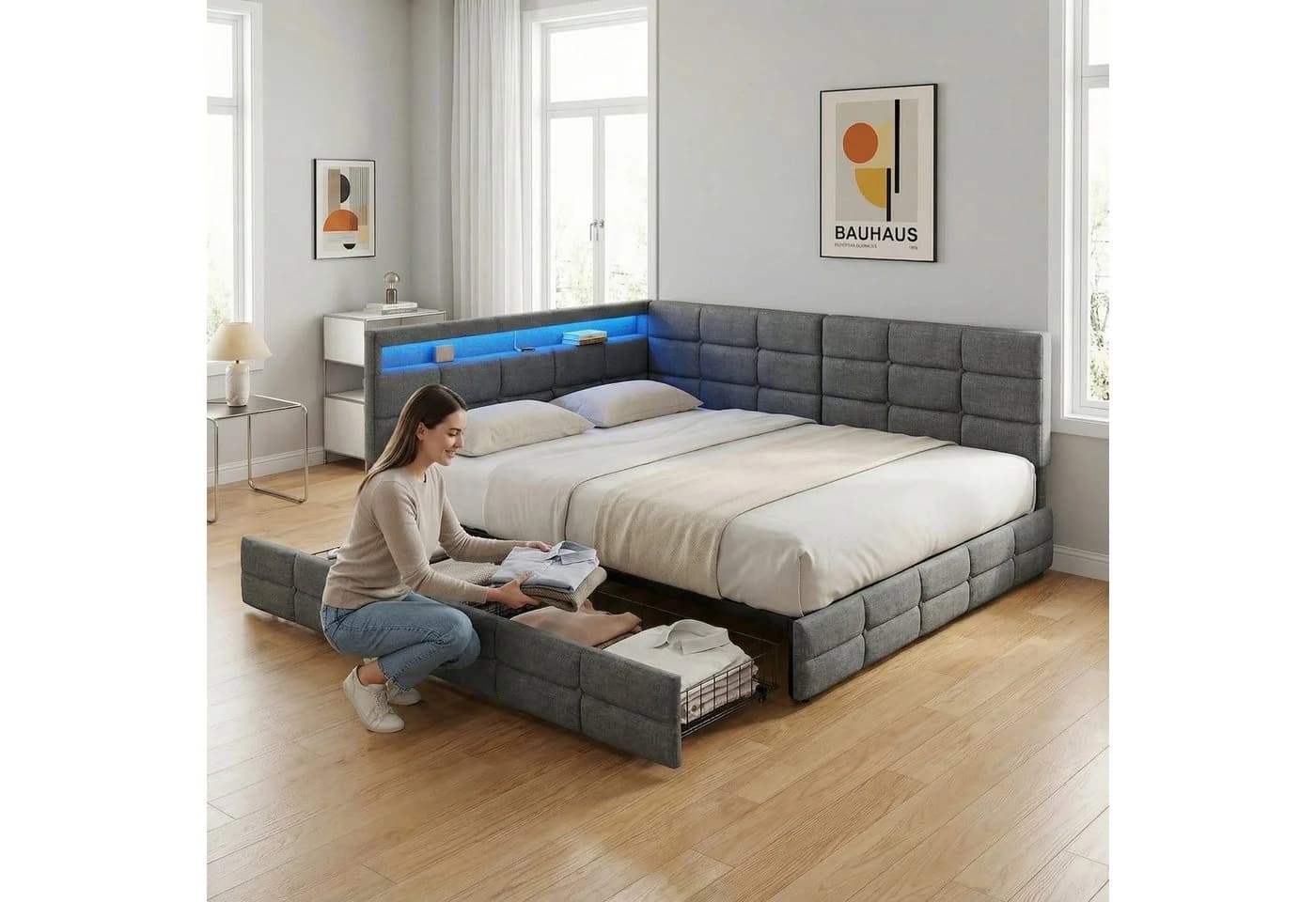 Furnishings Home LED Polsterbett Grau mit Schubladen und Steckdose