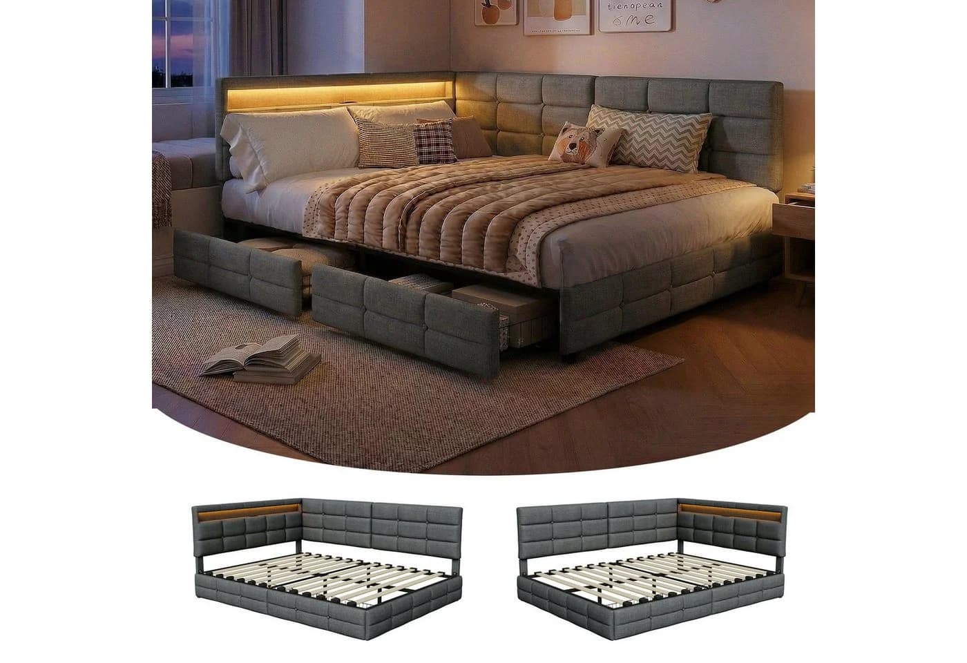 Furnishings Home LED Polsterbett Grau mit Schubladen und Steckdose - Bild 2