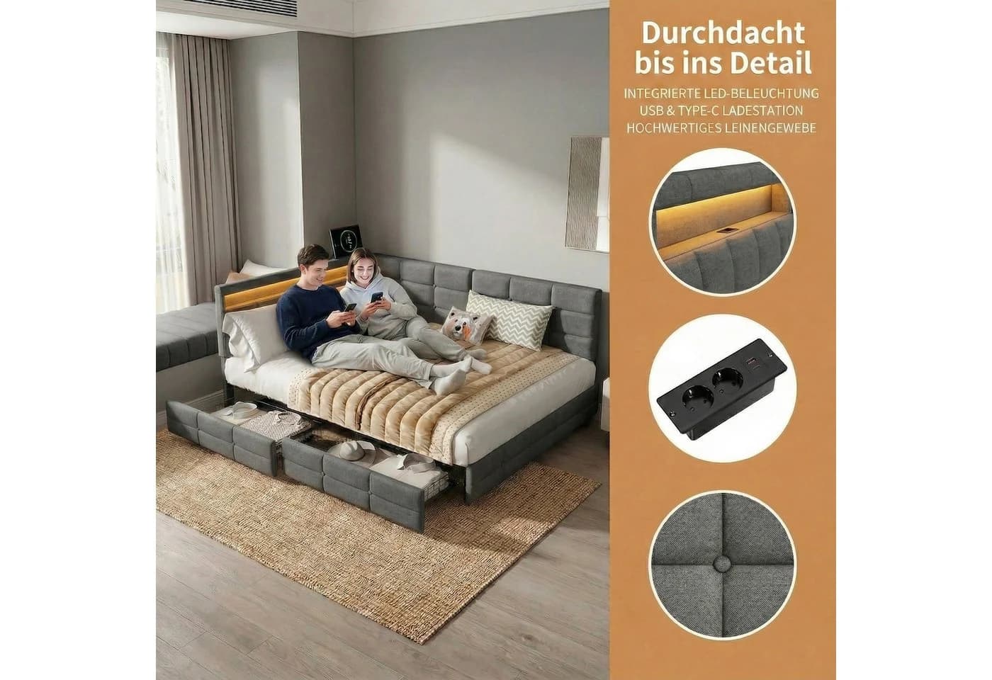 Furnishings Home LED Polsterbett Grau mit Schubladen und Steckdose - Bild 3