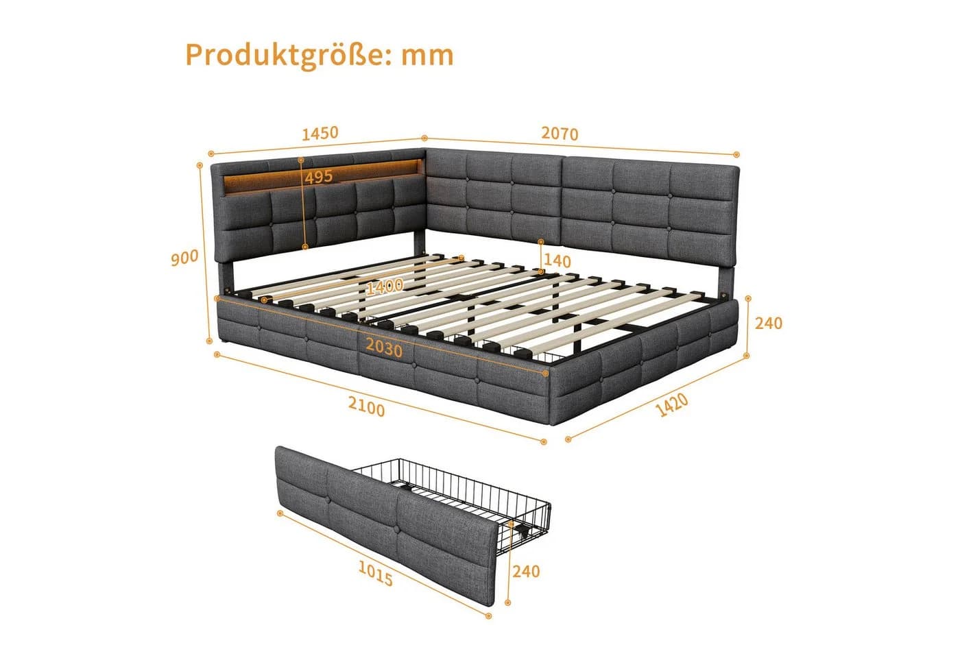Furnishings Home LED Polsterbett Grau mit Schubladen und Steckdose - Bild 5