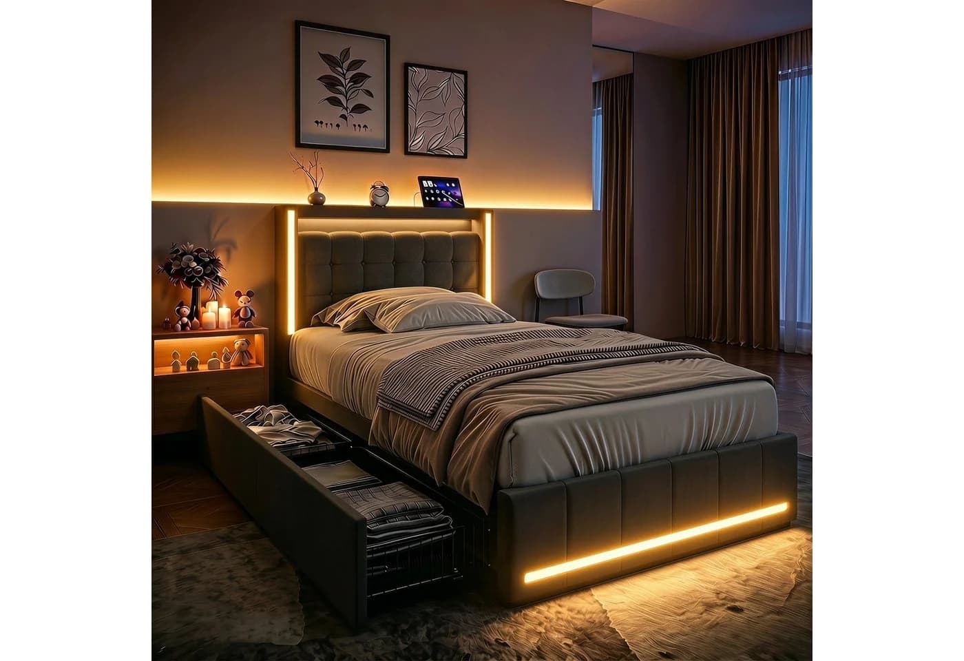 Furnishings Home Polsterbett Grau mit LED, Stauraum & Lattenrost - Bild 2