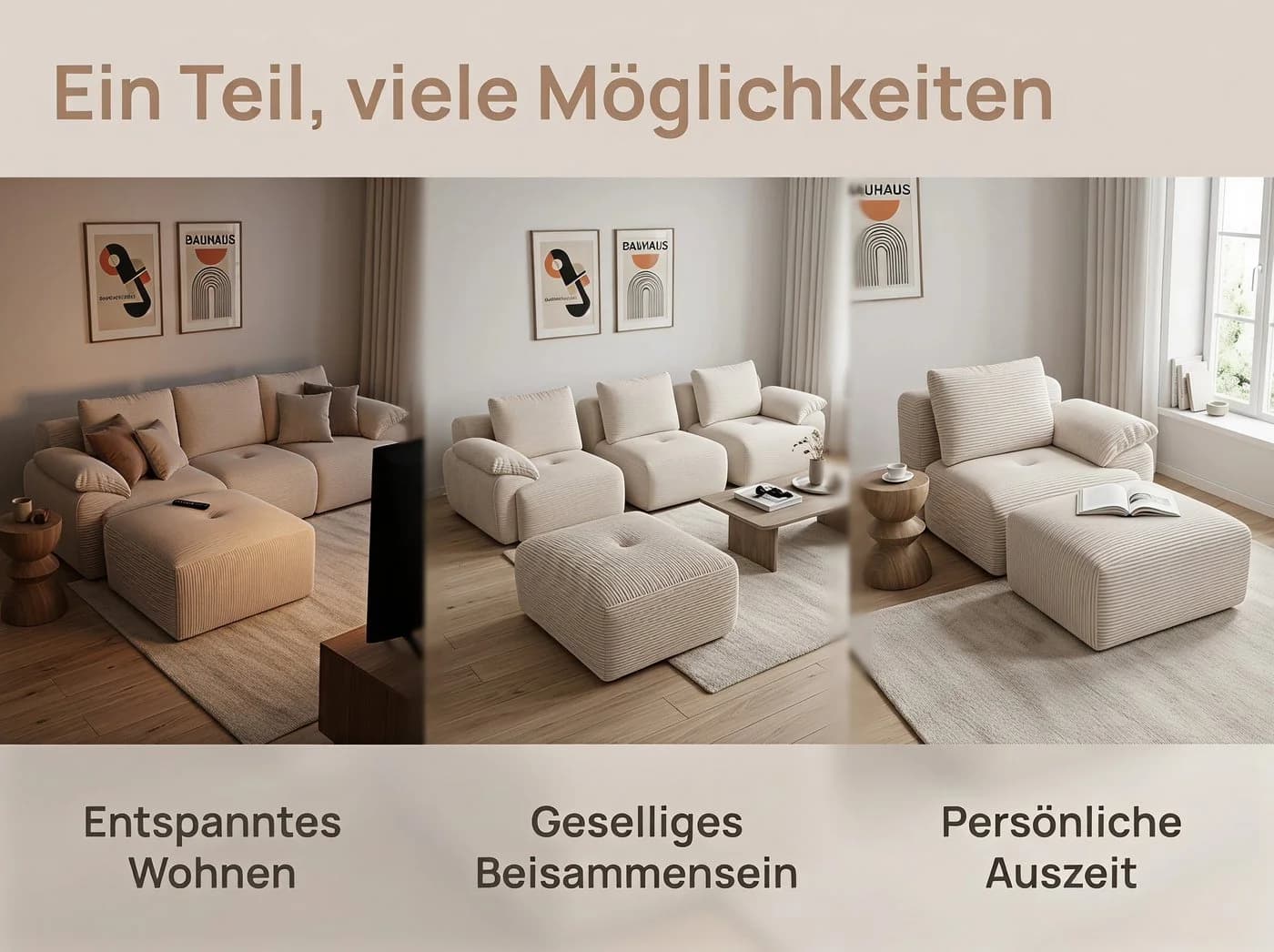 Furnishings Home Ecksofa L-Form 4-Sitzer Samt Beige mit Schlaffunktion
