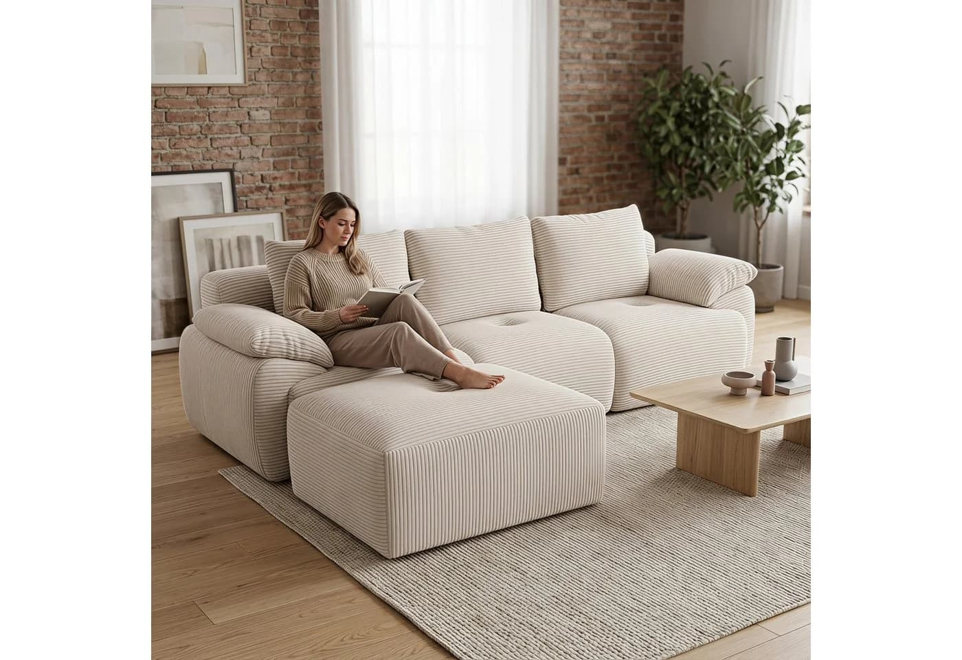 Furnishings Home Ecksofa L-Form 4-Sitzer Samt Beige mit Schlaffunktion - Bild 4
