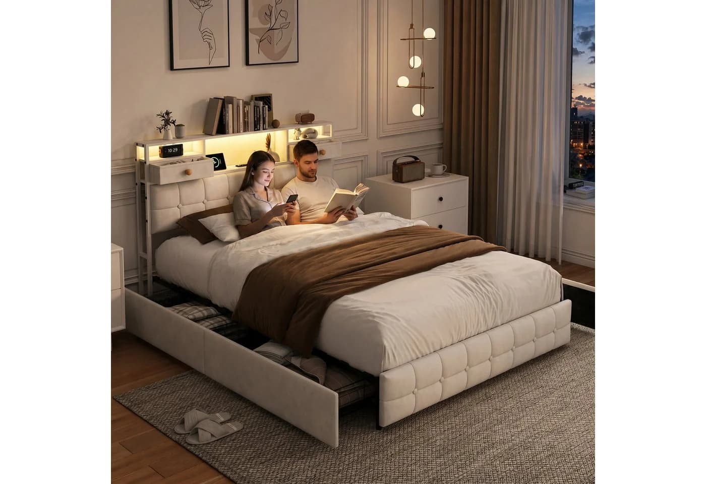 Furnishings Home Polsterbett mit LED und Stauraum Beige