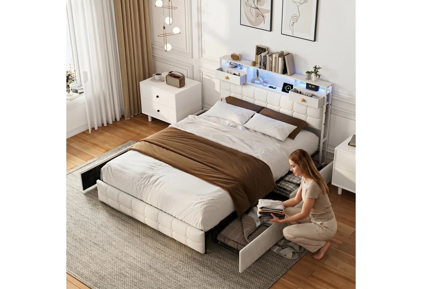 Furnishings Home Polsterbett mit LED und Stauraum Beige - Bild 3