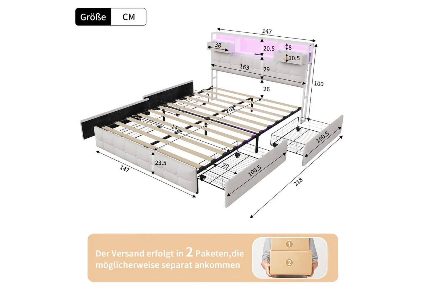 Furnishings Home Polsterbett mit LED und Stauraum Beige - Bild 5