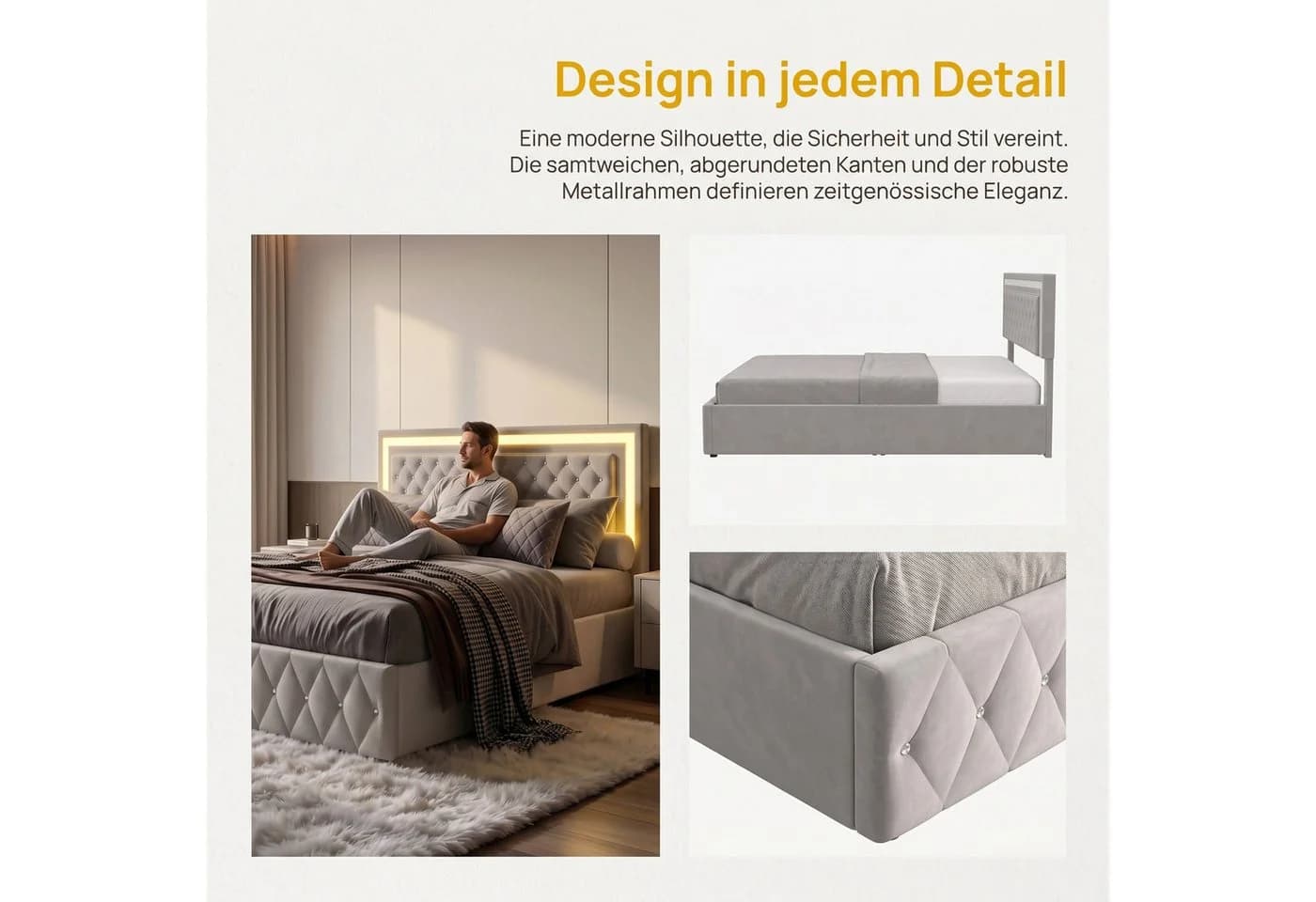NMCXXO Polsterbett Beige mit LED und Bettkasten - Bild 3