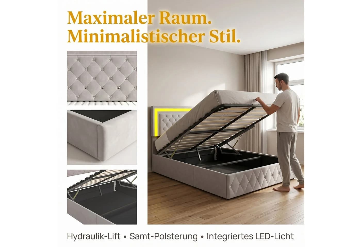 NMCXXO Polsterbett Beige mit LED und Bettkasten - Bild 4