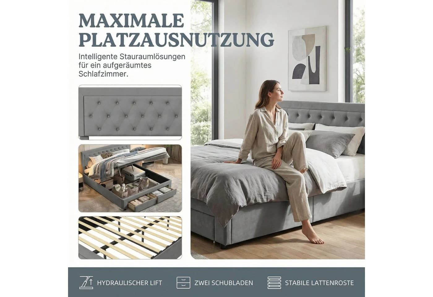 NMCXXO Polsterbett Grau mit Stauraum und Lattenrost - Bild 5