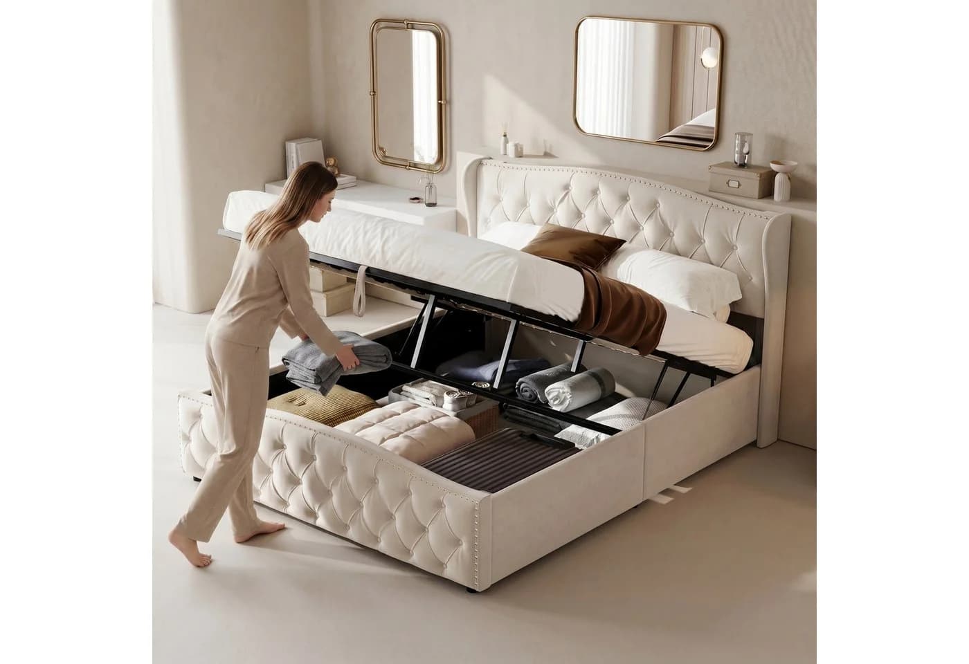 NMCXXO Polsterbett 140x200 Beige Samt Bettkasten