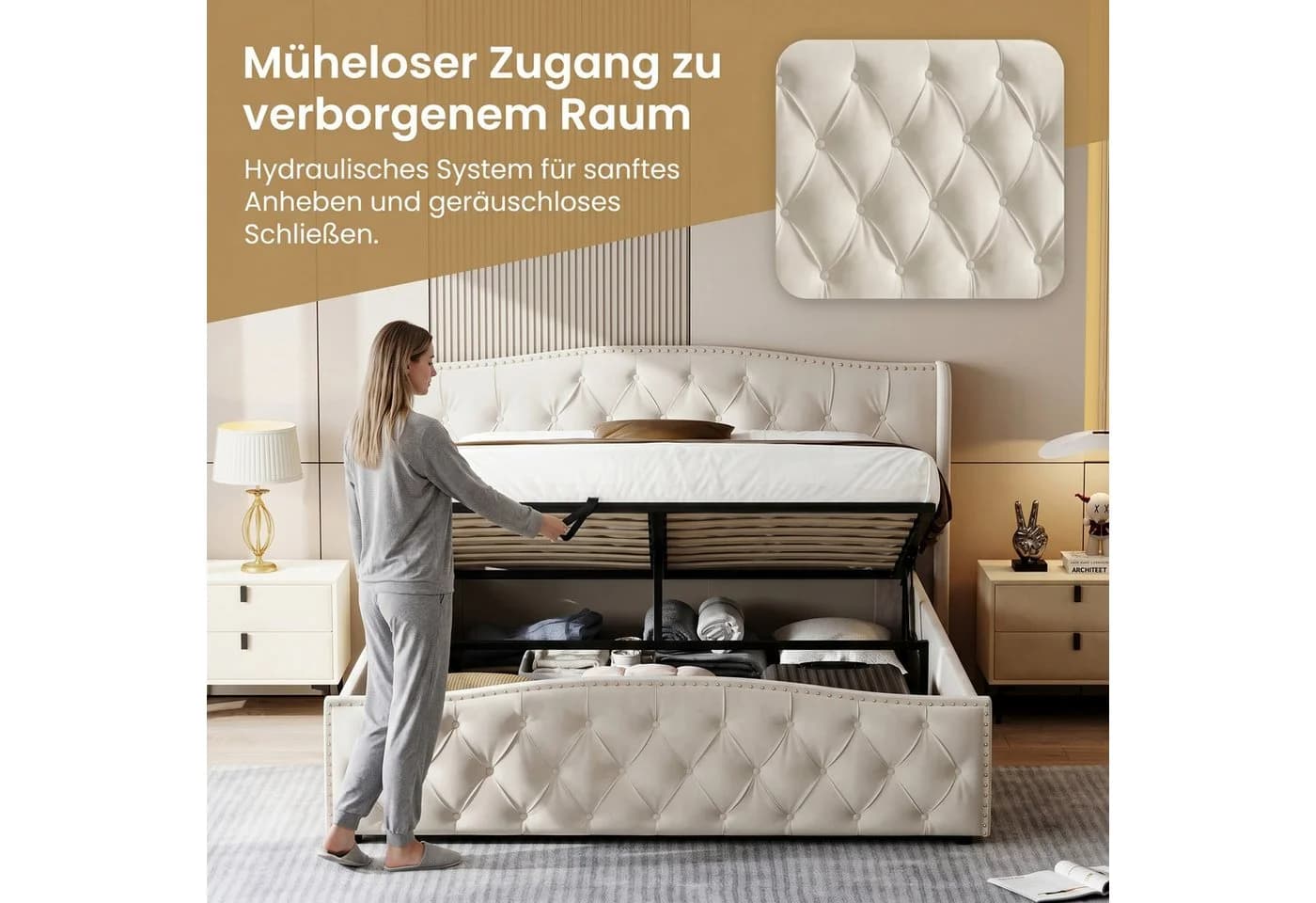 NMCXXO Polsterbett 140x200 Beige Samt Bettkasten - Bild 3