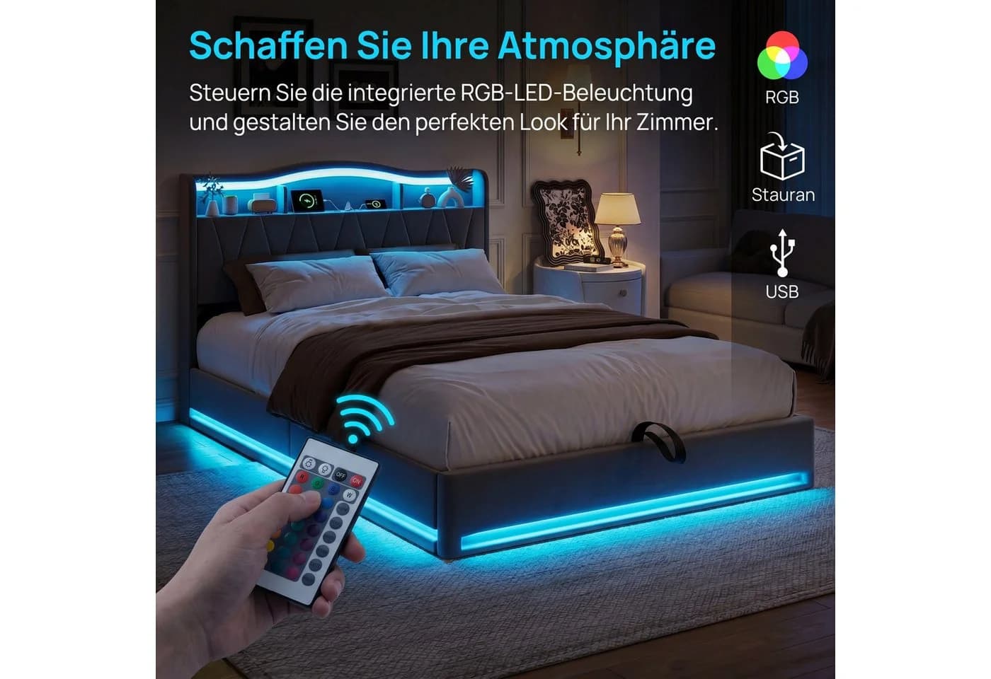 PXloue Polsterbett mit LED-Beleuchtung und Bettkasten Grau Samt - Bild 3