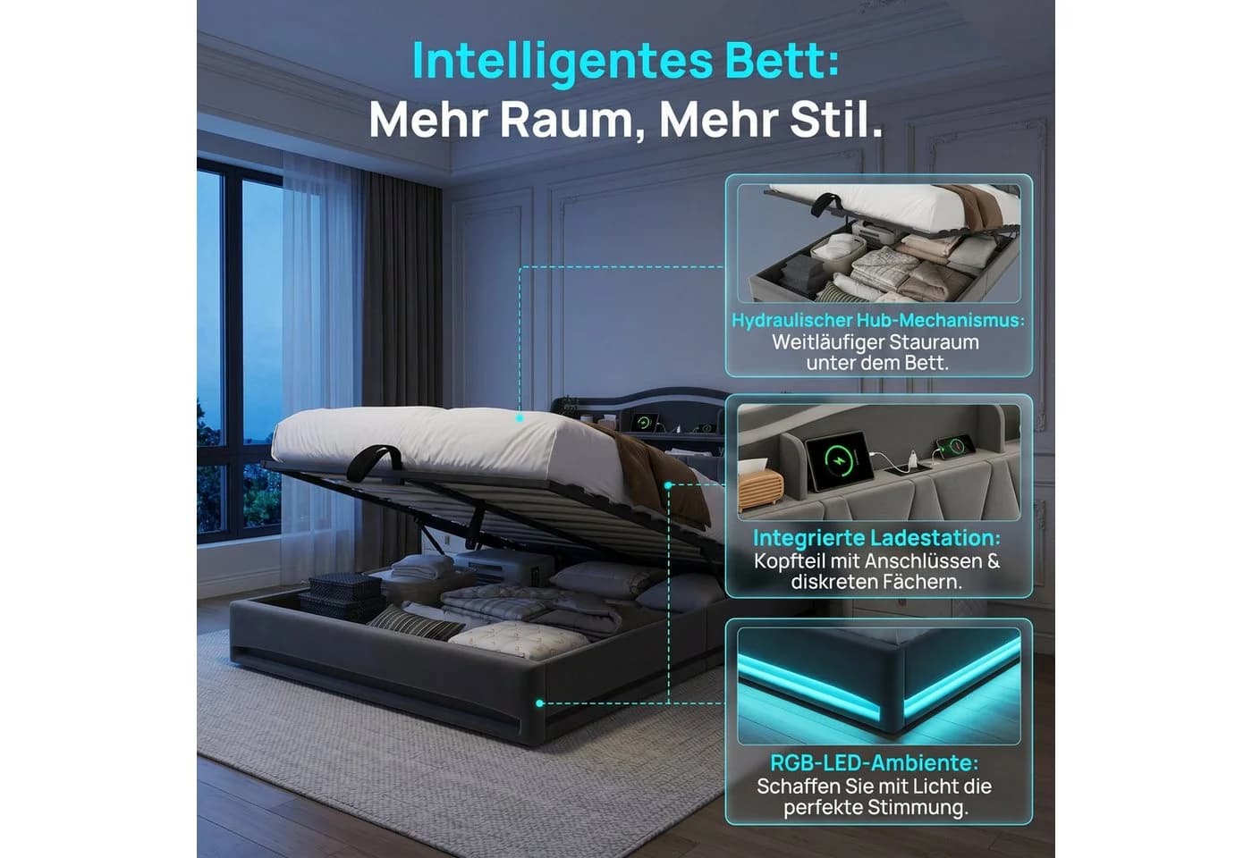 PXloue Polsterbett mit LED-Beleuchtung und Bettkasten Grau Samt - Bild 4