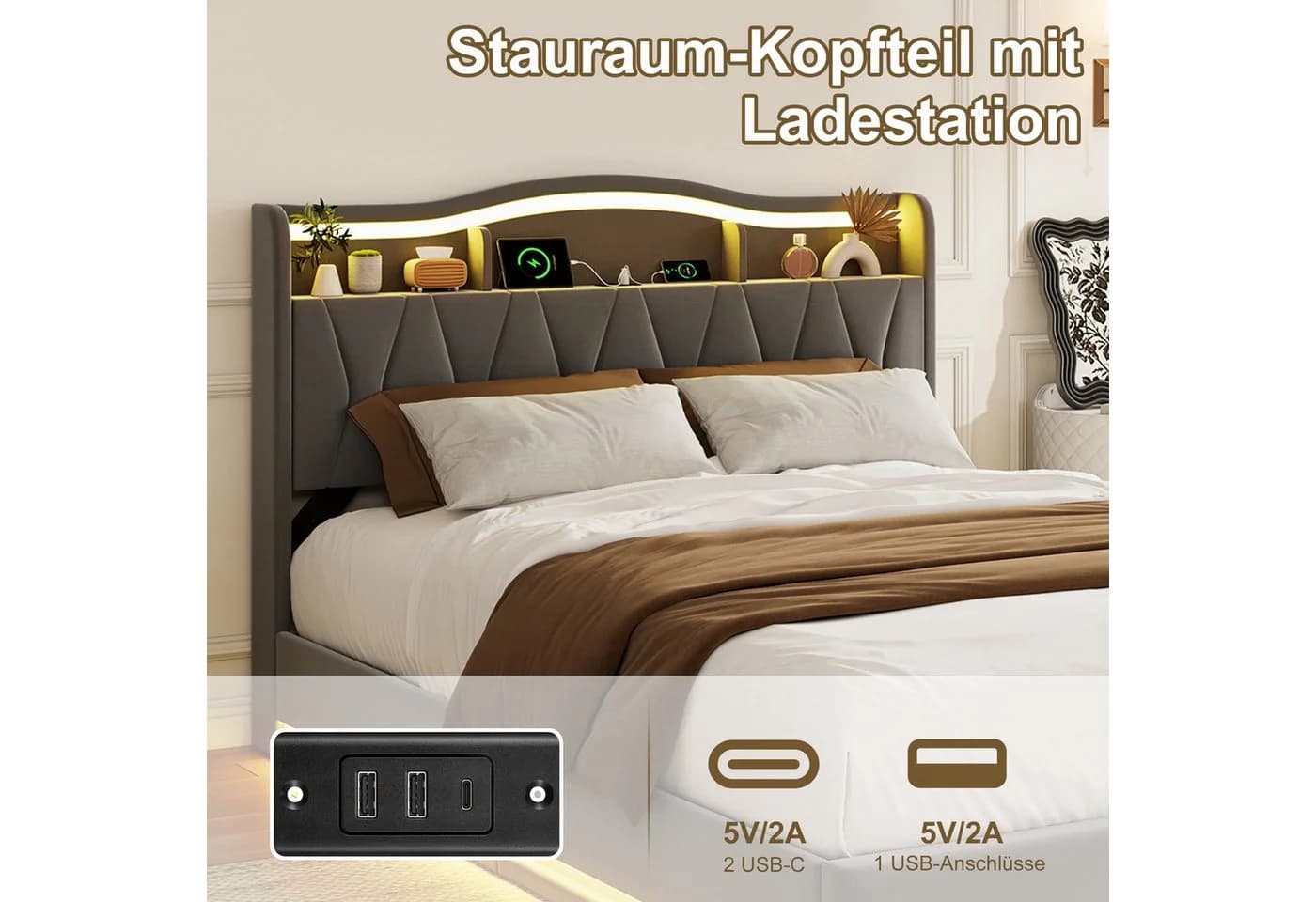 PXloue Polsterbett mit LED-Beleuchtung und Bettkasten Grau Samt - Bild 5