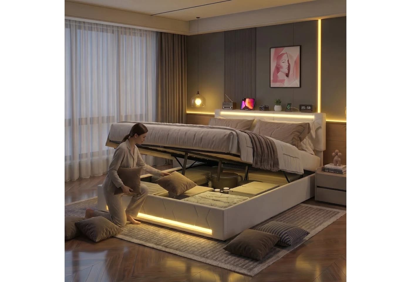 PXloue Polsterbett Modernes mit LED-Beleuchtung und Bettkasten Beige